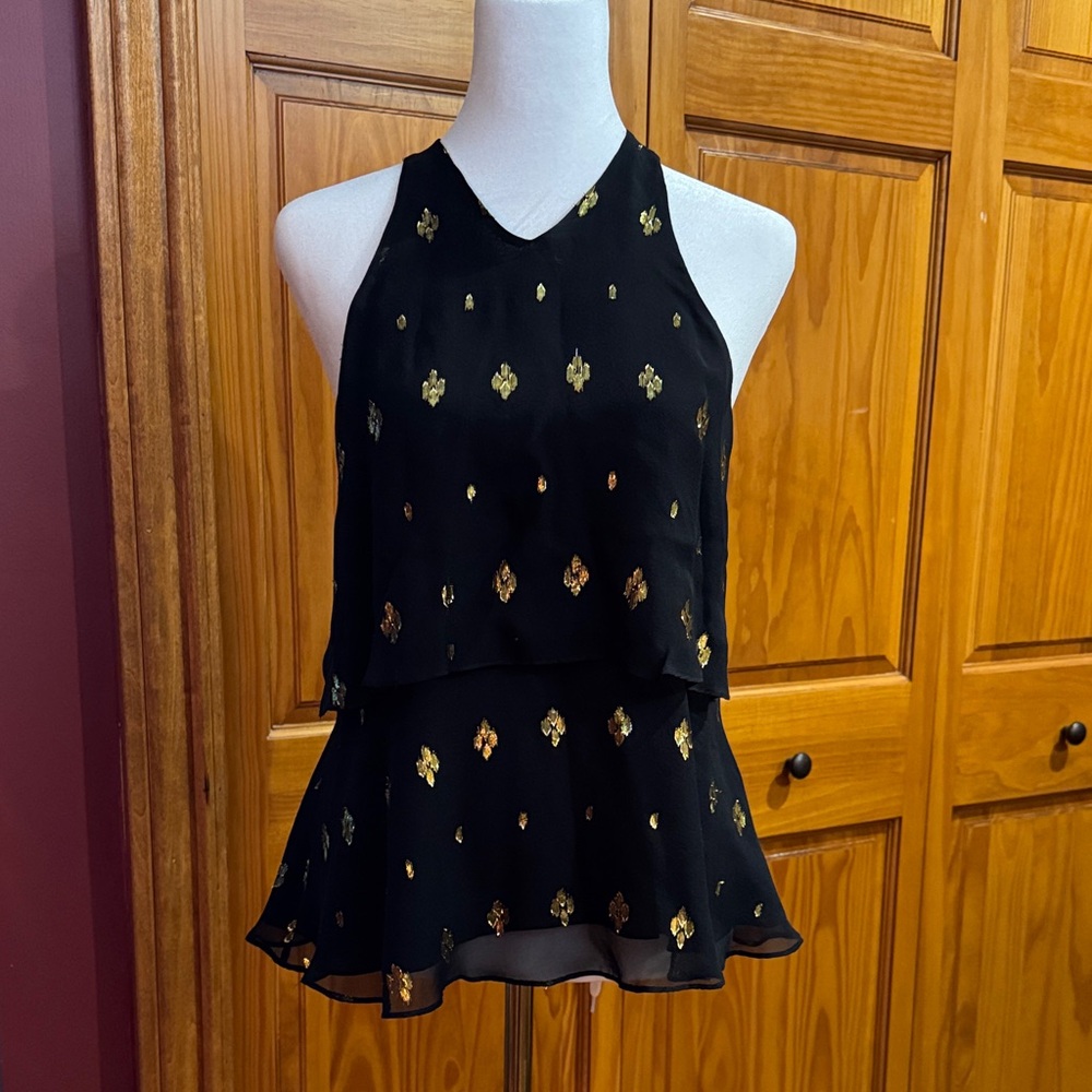 A.L.C. Black Halter Tiered Camisole with Gold Foil Accents